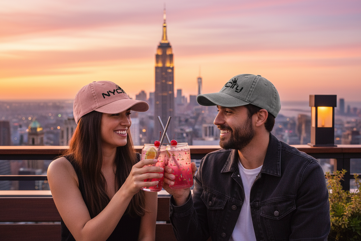 NYC Rooftop Cheers Banner - Pink & Grey Caps